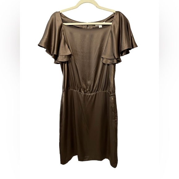 Banana Republic Chocolate Brown 100% Silk Dress Flutter Sleeves Size 12 NWT - Picture 4 of 11